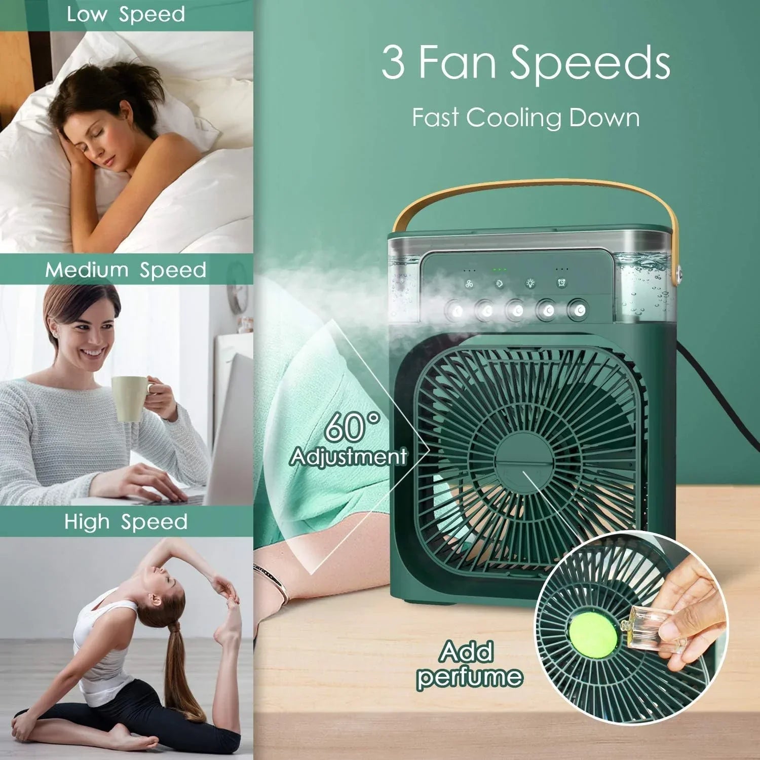 (FREE HOME DELIVERY) Portable Air Conditioner Fan With 3 Wind Speeds, Humidifier With LED Night Light Water Mist Fans